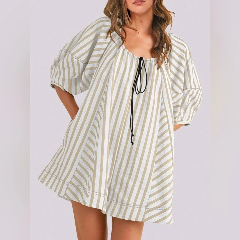 Striped Beige and White Dress - Picture 3 of 4
